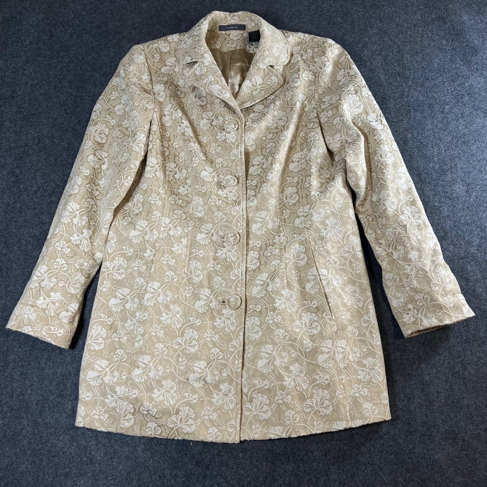 Liz Claiborne Womens Tan Floral Brocade Car Coat Jacket Size 14 Champagne Beige